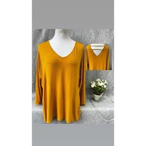 Mustard Yellow V-Neck Knit Top Women's Plus 2X Boxy 26x26 Tee Long Sleeve Soft